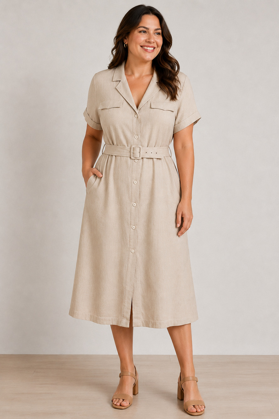 Tahari Women’s XL Linen Blend Belted Button Front Midi Shirt Dress Beige